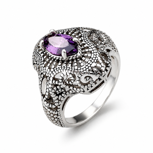 Anello Vintage Traforato con Ametista per Donne, Gioielli di Moda in Stile Coreano - Product Image 1