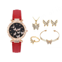 Ensemble Montre 5 Pièces pour Femme, Montre Diamant avec Bague Papillon, Collier, Boucles d'Oreilles et Bracelet, Style Décontracté, Sans Boîte