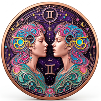Pièce de monnaie Signe Astrologique Gémeaux en Cuivre Pur 999 de 1 oz, Relief 3D, Couleurs UV, Effet Proof-like, Art Métallique de Collection Horoscope