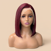 Wig Rambut Asli Warna Burgundy Lurus 99J Grosir, Wig Bob Pendek Lace Frontal 13x4 untuk Wanita Kulit Hitam
