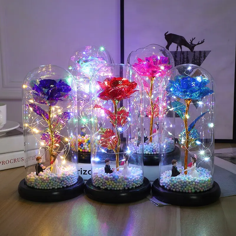 2022 Popular Decoration Preserved 24K Galaxy Roses Flowers With Led Light In Glass Dome For Mothers Day Valentine Day