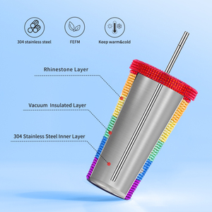 Taza de café de acero inoxidable con diamantes de imitación brillantes, termo portátil térmico con tapa de paja - Product Image 4