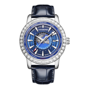 Montre de luxe pour homme, World Time GMT, boîtier en or rose, <span class=keywords><strong>lunette</strong></span> sertie de diamants, bracelet en cuir de 20 mm, aiguille, 24 fuseaux horaires, montre bleue de style business - Product Image 3