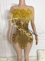 Robe de soirée mini ornée de plumes et de strass dorés Ocstrade, robe de célébrité scintillante avec cristaux pour anniversaire