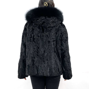 Veste d'hiver pour femme de luxe décontractée de haute qualité, avec garniture en fourrure de renard, en véritable peau de mouton <span class=keywords><strong>Karakul</strong></span>, à capuche, réversible, en polyester ciselé, ODM - Product Image 2