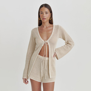 Autumn New Beach Women's Solid Color <strong>Sexy</strong> Knitted Beach Bikini Swimsuit Blouse Sun-Proof Set - Product Image 3
