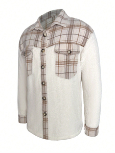 Men's Plaid <b>Fleece</b> <b>Jacket</b> Sherpa <b>Lined</b> Turn-down Collar Button Closure Casual Winter Coat Regular Fit - Product Image 3