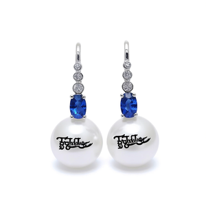 Pendientes de perlas Tjabelle, plata 925, perlas cultivadas, zafiro azul, diamantes, joyería de lujo para boda para mujer - Product Image 1