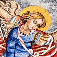 Mosaïque murale artisanale de l'archange Michel - Saint Michel tuant le dragon, en feuille d'or et carreaux de verre découpés, art mural pour villa, église, autel