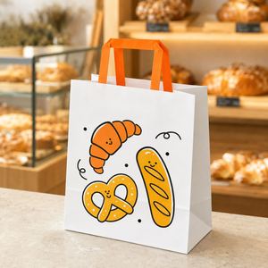 Sacs en papier blancs personnalisés avec logo, poignées plates orange, pour boulangerie, pain, gâteaux, emballage à emporter, sacs de courses recyclables - Product Image 3