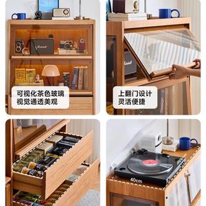 Solid Wood <b>Sideboard</b> Cabinet With Glass Display 3 Compartments Multifunctional Living Room <b>Storage</b> Unit Pine Wood Cherry Color - Product Image 3