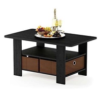 Table basse rectangulaire industrielle moderne à 3 niveaux avec bacs de rangement en tissu, poignée métallique, étagère ouverte, RTA