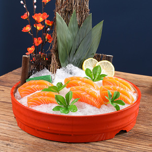 Nouveau seau à sushi rouge et doré de style chinois à double épée, plateau de sashimi à glace sèche pour la cuisine japonaise et coréenne, et hot pot. - Product Image 3
