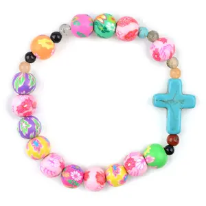 Colorful Soft Clay Religious Bracelet 10mm Flower Beads Cross Child Catholic Elastic Bracelets