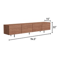 Lemari TV Ruang Tamu Modern OEM dari MDF Walnut dengan Pintu Louvered, Alas Logam, Sistem Manajemen Kabel, Furnitur Rumah yang Tahan Lama