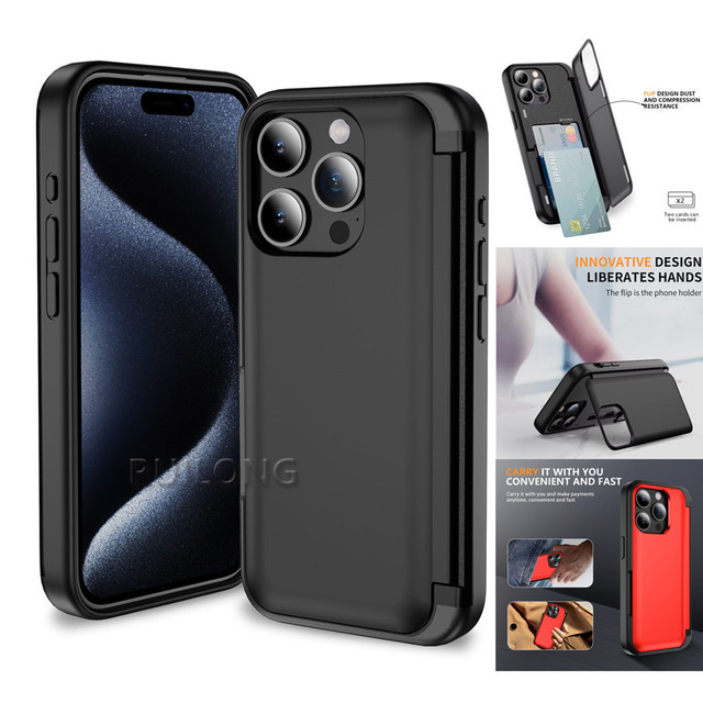 New Design Clamshell Credit Card Holder Phone Case Shockproof Wallet Back Cover for iPhone 15 Pro Max 14 Plus 13 12 Samsung S24