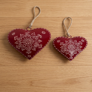 <b>Red</b> Heart Metal <b>Ornaments</b> with White Embossed Floral Design for Valentine's Day Decor - Product Image 6
