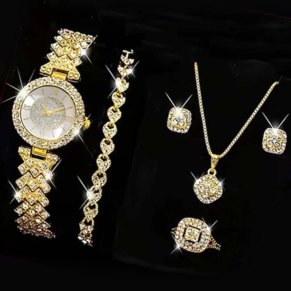 Luxury Fashion Women's Quartz Movement Alloy Iced Watch Set with Gold & Rose Gold Bracelet and Necklace CZ Jewelry