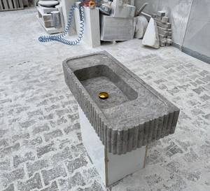 Lavabo Flotante de Mármol Gris Acanalado, Resistente |   Lavabo Escultural Integrado de Piedra |   Baño Moderno de Lujo Ecológico - Product Image 4