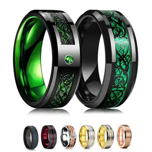 Fashion Black Tungsten Wedding Celtic Dragon Rings For Men Inlaid Green Zircon Punk Men Stainless Steel Green Carbon Fibre Ring