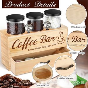 Caja de almacenamiento de madera para barra de café con tapa, cajón de 2 niveles para granos de café, azúcar, crema, organización de encimera de cocina - Product Image 3