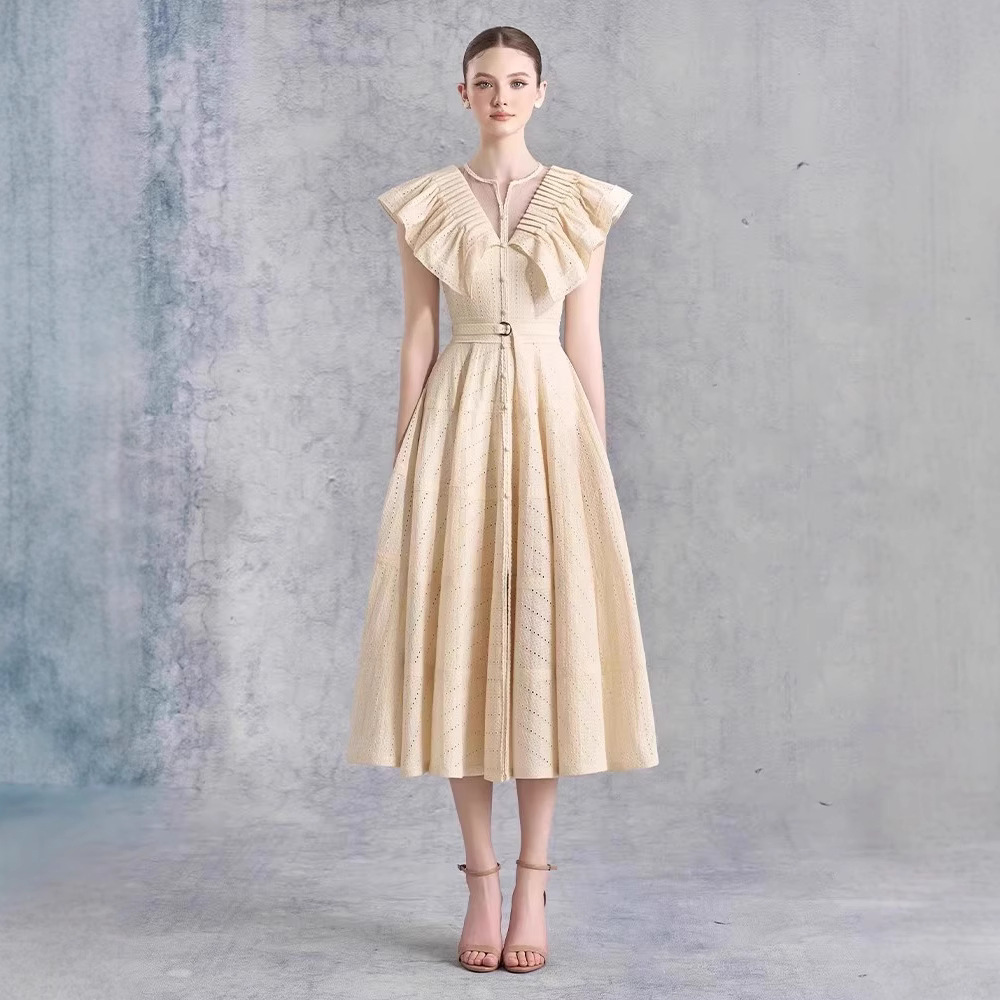 open lace back dress Round Diamond Neckline Long Sleeves Pleated Apricot Prom Dress