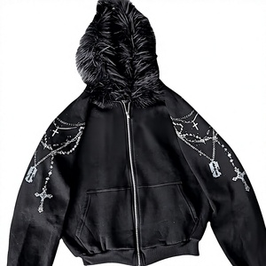 Sweat-shirt d'hiver surdimensionné pour homme, style gothique, à capuche, zippé, en polaire, avec col en fourrure et imprimé croix chaîne - Product Image 1