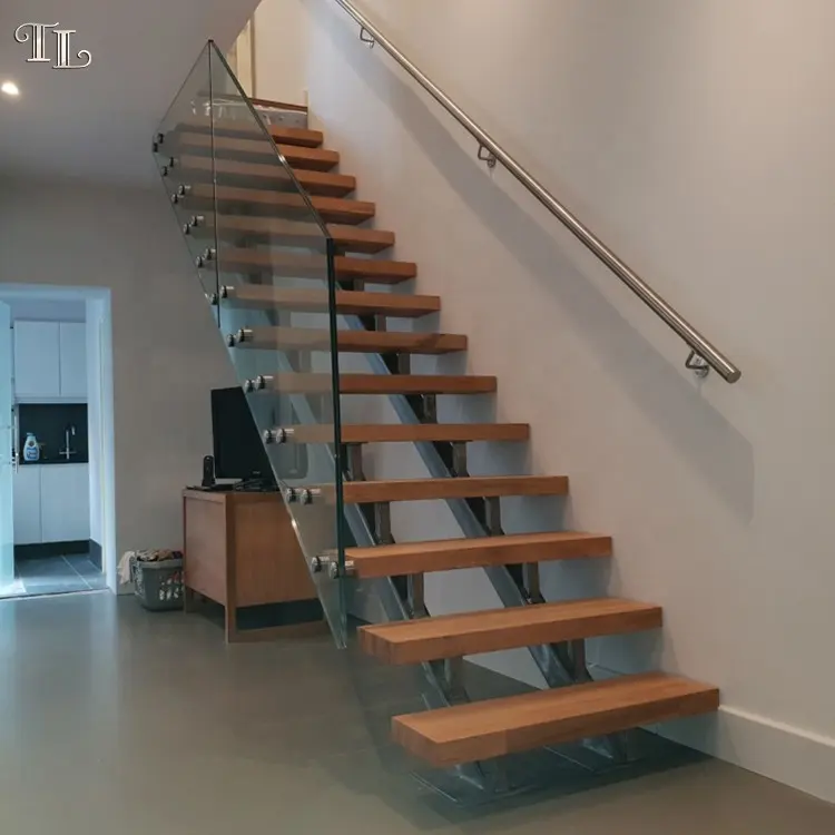 Interior wood glass stair wrought iron wooden stair design modern wooden straight staircase indoor metal stairs