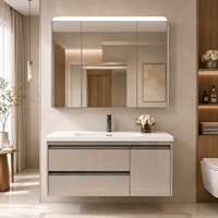 Meuble-lavabo mural moderne en bois massif pour hôtel avec vasque simple, miroir LED inclus, écologique et durable
