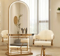 Miroir de salon éclairé par LED avec cadre en acier inoxydable doré, miroir de coiffure avec étagère de table