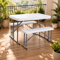 Table pliante portable en plastique blanc avec 2 bancs pliants, ensemble de table de camping et de fête en plein air