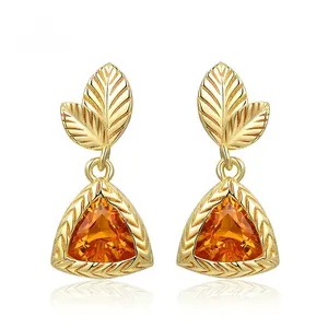 Fancy Fine Jewelry 14K Gold Plated 925 Triangle Cut Natural Gemstone Yellow Citrine Drop Earrings EI009