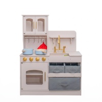 Cuisine de jeu d'imitation moderne en bois avec accessoires dorés, paniers de rangement et casseroles, jouet de cuisine pour enfants et tout-petits