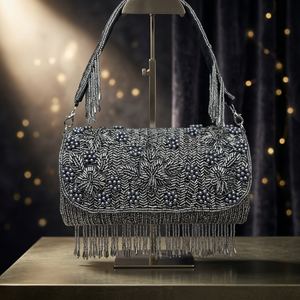 Sac de soirée élégant en perles perlées avec rabat et bandoulière à franges, pochette de fête scintillante - Product Image 2