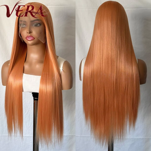 Peluca de encaje frontal sintética premium HD 13*4 al por mayor, cabello largo y liso naranja de fibra resistente a altas temperaturas, servicio OEM con logotipo personalizado <span class=keywords><strong>COS</strong></span> - Product Image 1