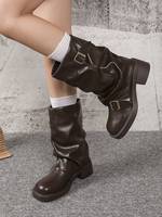 Bottes plateforme tendance pour femme avec fermeture éclair, mi-mollet, en similicuir, talon épais, marron, vente en gros, logo personnalisé, hiver