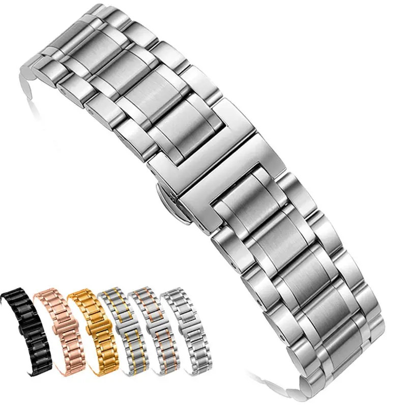 curve end Solid Stainless Steel Watch Band Metal Watch Replacement Chain 3 Beads Folding buckle smart band for Apple watch band