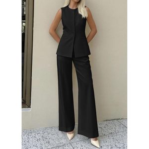 FOXA Women's Sleeveless <b>Blazer</b> Vest Pants Suit <b>Set</b> Business Casual Work Outfit Wide Leg Pants Anti-Wrinkle Polyester - Product Image 3