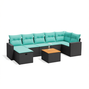 Set Divano da Esterno Moderno in Polyrattan Nero con Cuscini, Arredamento da Giardino, 8 Pezzi Componibili - Product Image 1