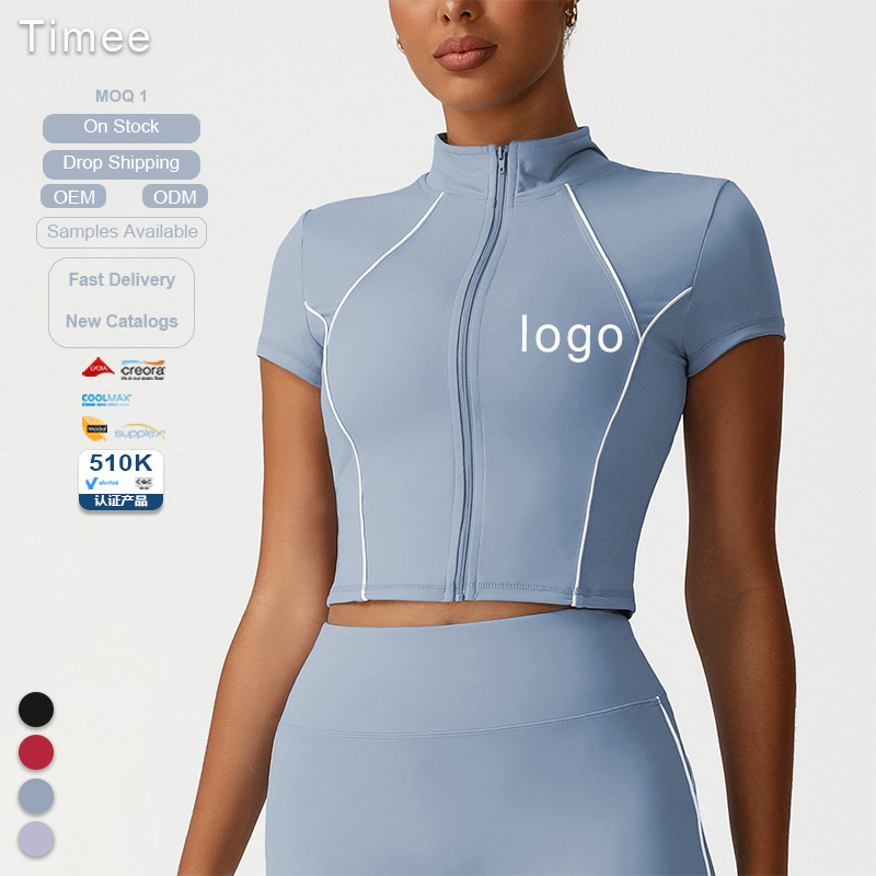 New Stand-up Collar Slimming Zipper Sport Short-sleeved Top Casual Fitness Yoga Wear High-elastic Top for Women