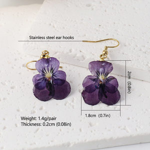 Boucles d'oreilles pendantes en acier inoxydable avec fleurs séchées véritables, hortensia pressé fait main, cadeau tendance pour <span class=keywords><strong>femme</strong></span> - Product Image 3