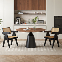 Table à manger en bois de luxe simple, plateau rond en mosaïque de bois avec piètement en acier carbone, table de salle à manger classique, petite table de salle à manger