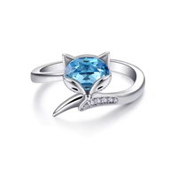 Bague en argent sterling 925 avec aquamarine simulée, motif renard, design queue réglable, bijoux pour femme, vente en gros, cadeau d'anniversaire