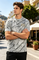 T-shirt décontracté à col rond imprimé marbre gris avec logo lettre en strass doré, manches courtes, pour homme, basique quotidien