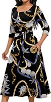 Robe midi grande taille à manches 3/4, ceinturée, coupe trapèze, imprimée, avec poches latérales, pour l'été