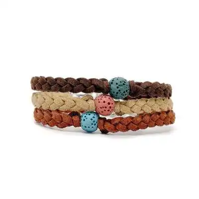 Jewelry Essential Oil Diffuser Single Colorful Lava Stone Charm Braided Suede Leather Bracelet for Kids