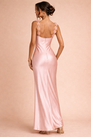 Robe de soirée longue en satin de soie OEM personnalisée, col drapé, bretelles spaghetti, coupe ajustée élégante, pour femme, idéale pour les mariages et les fêtes