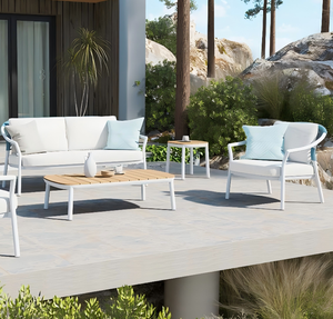 Tavolino da Caffè Moderno e Resistente in Lega di <span class=keywords><strong>Alluminio</strong></span> per Esterni con Piano in Teak - Resistente alle Intemperie e ai Raggi UV, Elegante per Villa, Cortile, Hotel, Sala da Pranzo - Product Image 1