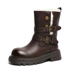 Bottines Martin pour femmes en cuir véritable et épaissies avec du coton pour la chaleur hivernale, bottines rétro courtes, bottines de travail décontractées - Product Image 5