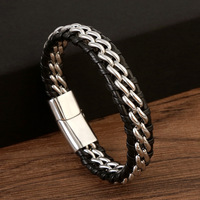 Bracelet en cuir tressé véritable en acier inoxydable, résistant au ternissement, pour hommes, vente en gros